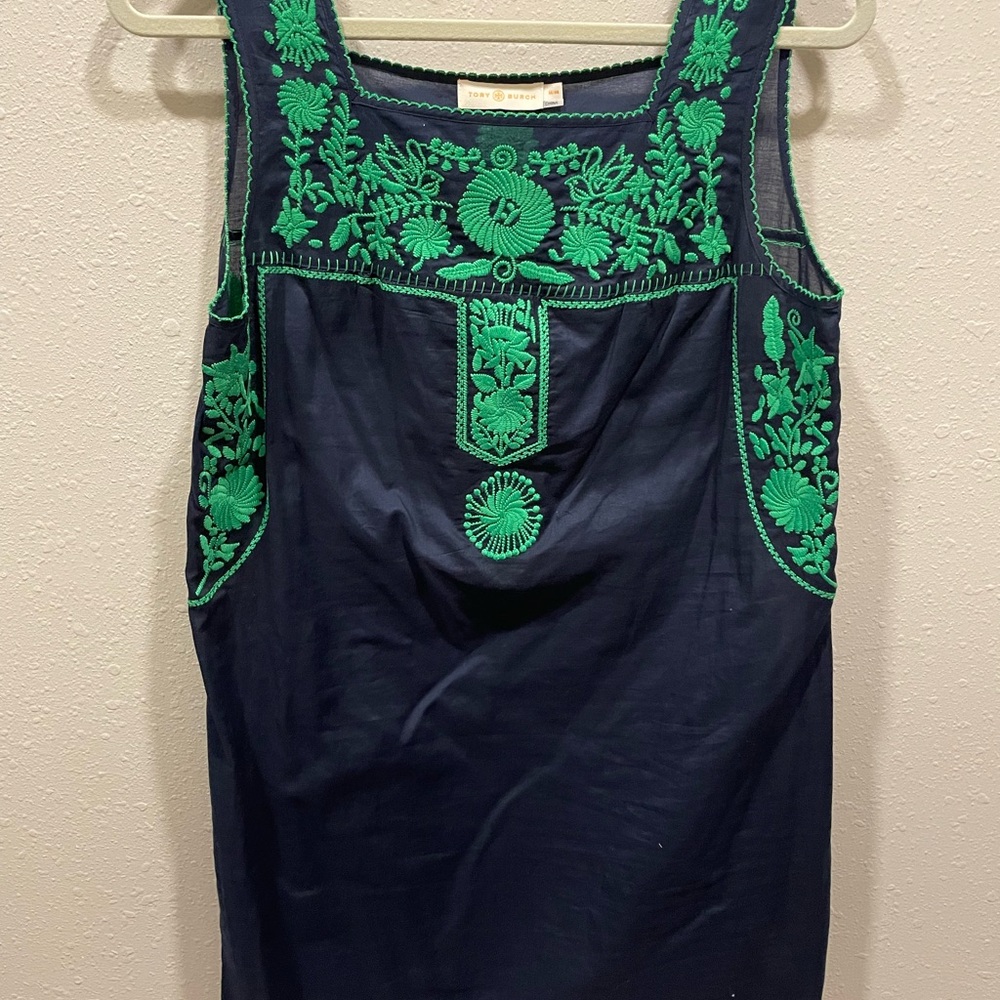 Tory Burch Navy and Green Embroidered mini dress